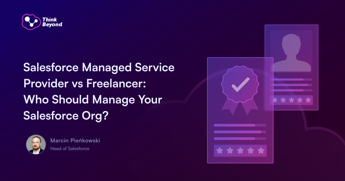 Graphic highlighting the debate between using a Salesforce Managed Service Provider or a freelancer for managing Salesforce organizations.