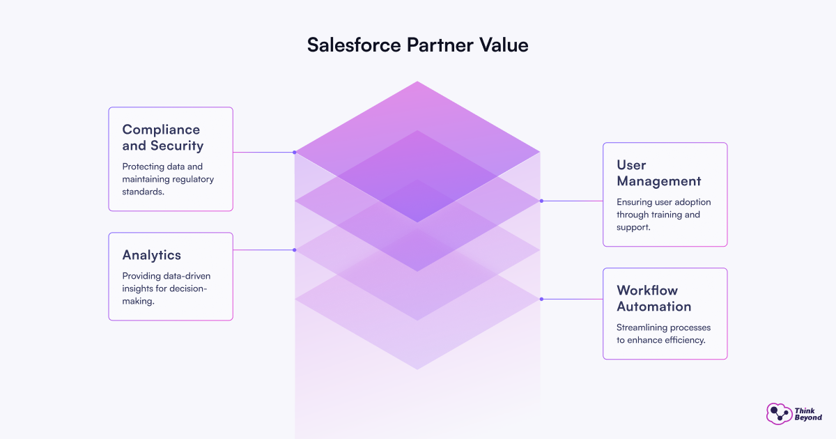 Graphic illustrating "Salesforce Partner Value" with key areas: Compliance and Security, Analytics, User Management, and Workflow Automation.