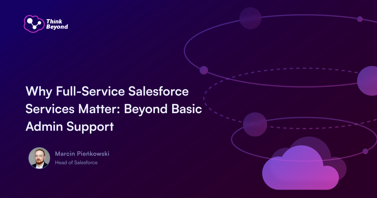 A promotional graphic highlighting the importance of full-service Salesforce services, with abstract cloud shapes and branding elements.