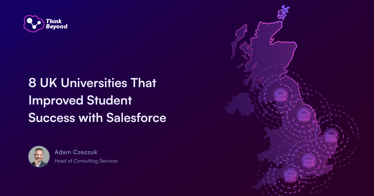 A stylized map of the UK highlighting eight universities that enhanced student success with Salesforce, featuring icons of buildings.