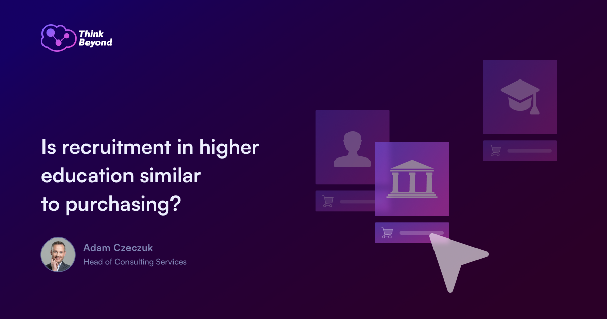 Graphic featuring the question, "Is recruitment in higher education similar to purchasing?" with icons representing users and institutions.