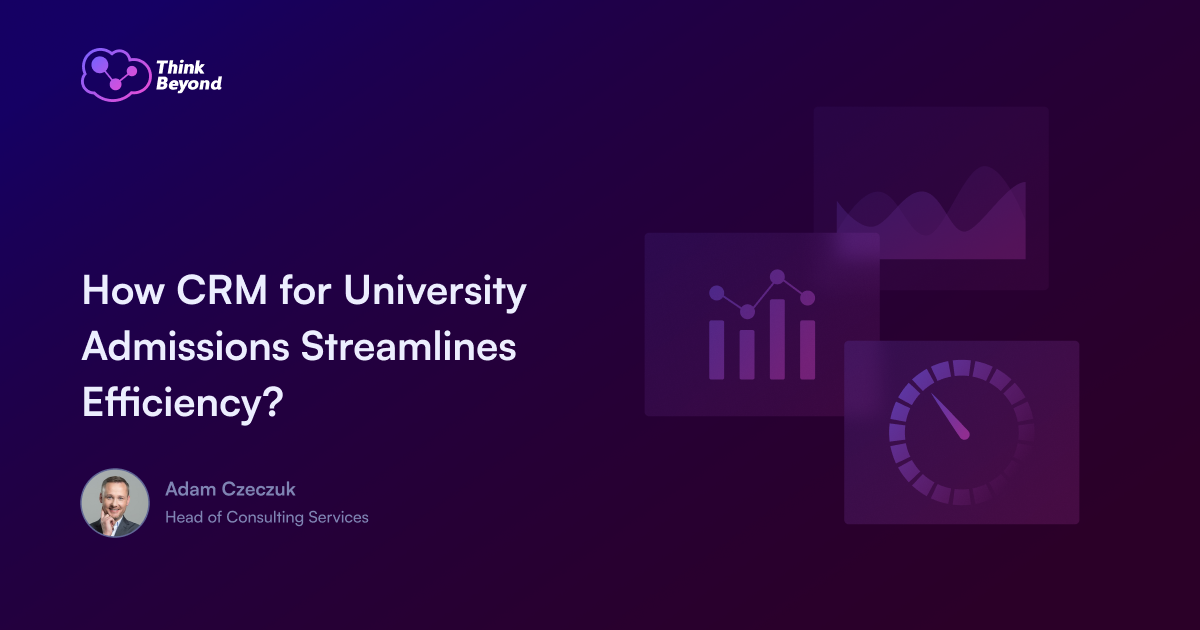 Graphic explaining how CRM streamlines university admissions, featuring charts and a timer, with a professional's name and title below.